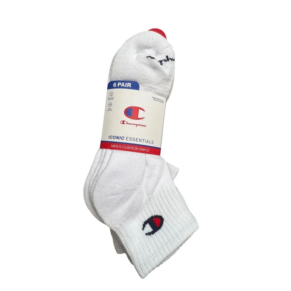 Champion Mens 6 Pair Cushion Ankle Socks White Iconic Essentials Shoe Size 6-12